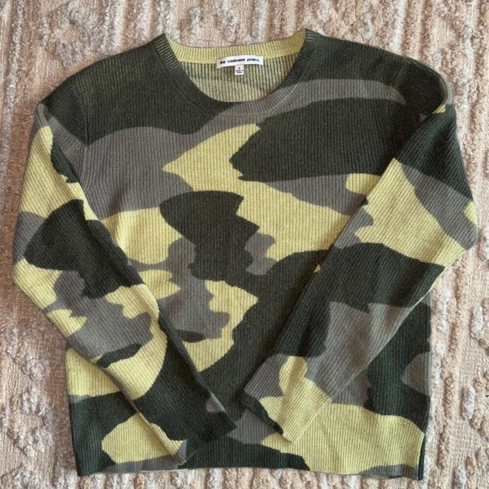 The Cashmere Project 100% Cashmere Camo Crewneck Sweater Size S Olive Green